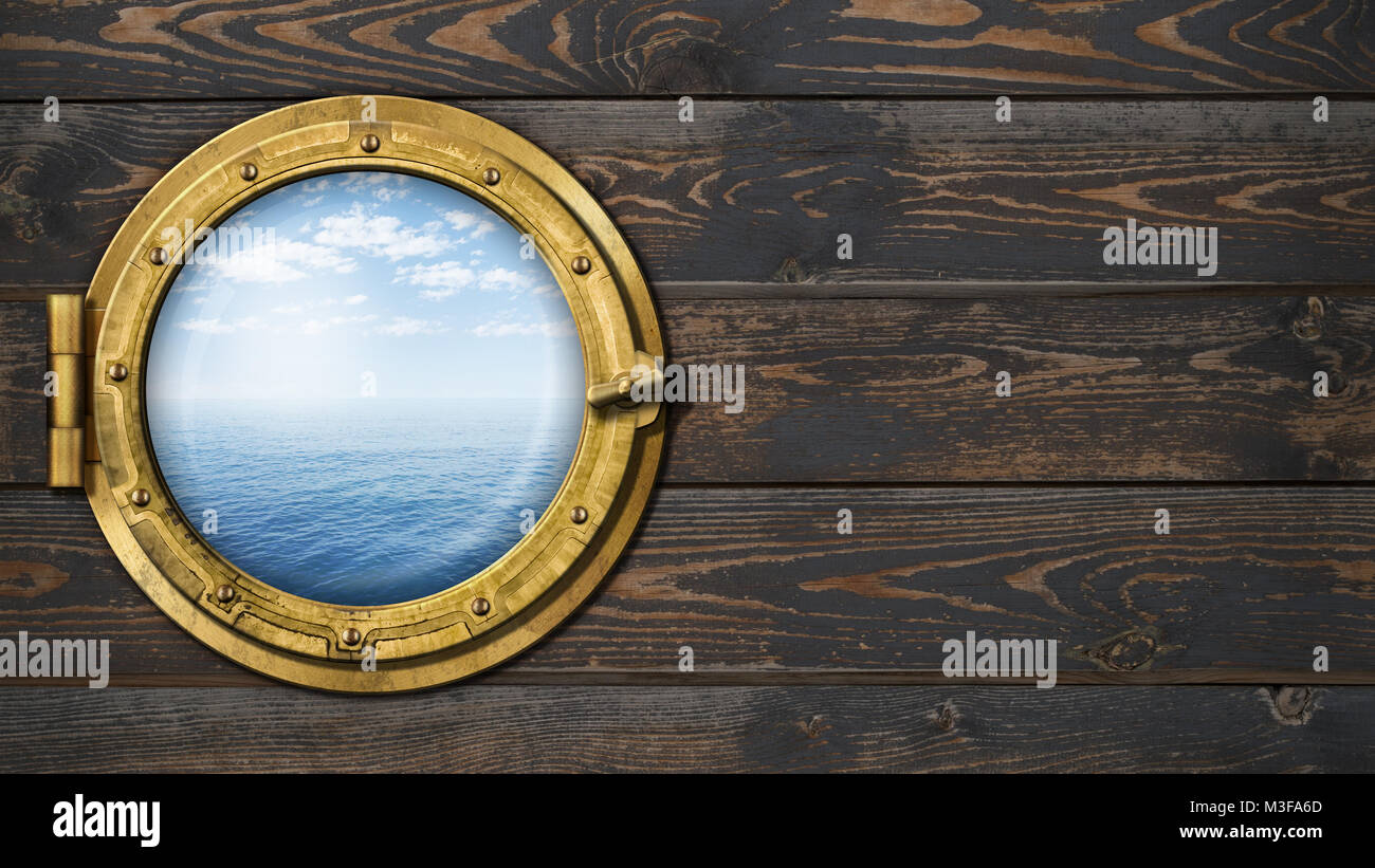 ship or boat with ocean horizon porthole on wooden wall Stock Photo