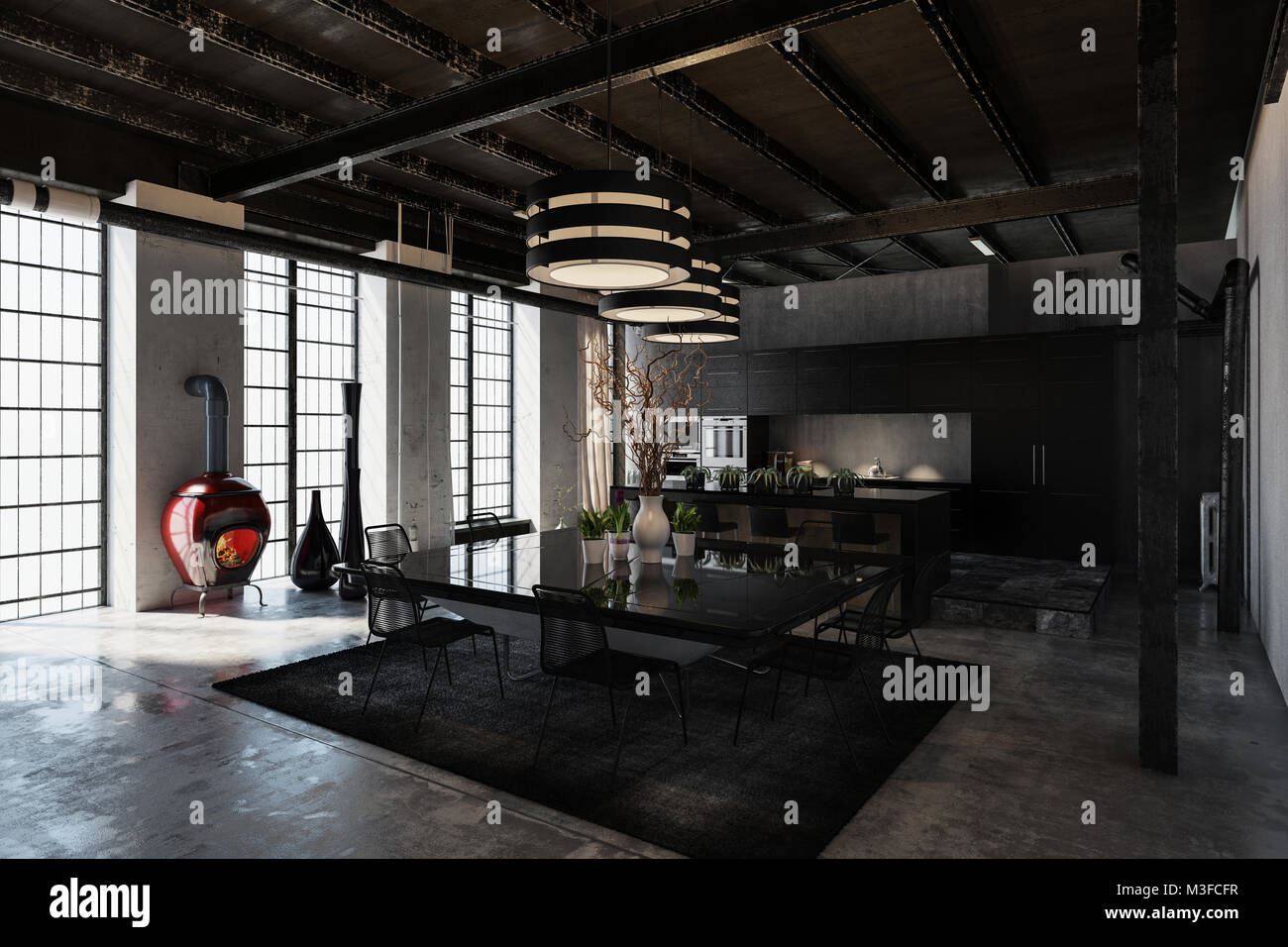Shadowy Black Designer Industrial Loft Conversion With A Luxury