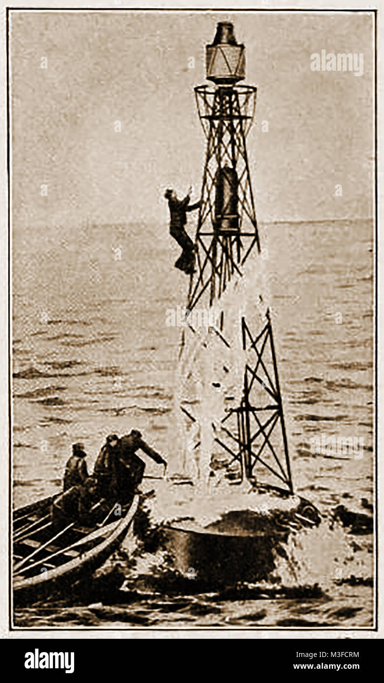 Old American Lighthouses, Light Stations and navigation aids - Servicing the gas and whistling buoy  at the entrance to New York Bay , USA in 1923 Stock Photo