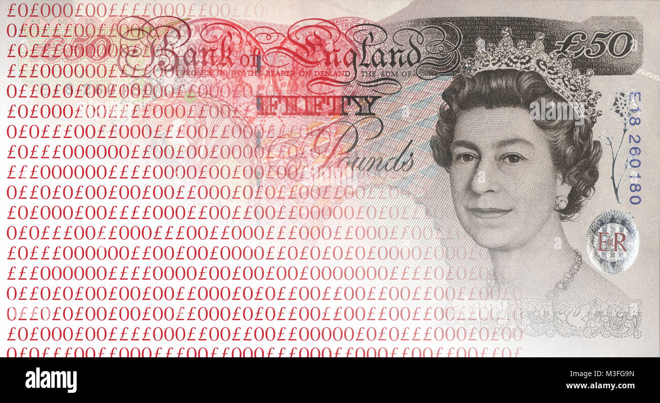 Digital Currencies Concept image of British 50 Pound note fading into digital code using the Pound symbol in place of zeros and ones  Old vs New money Stock Photo