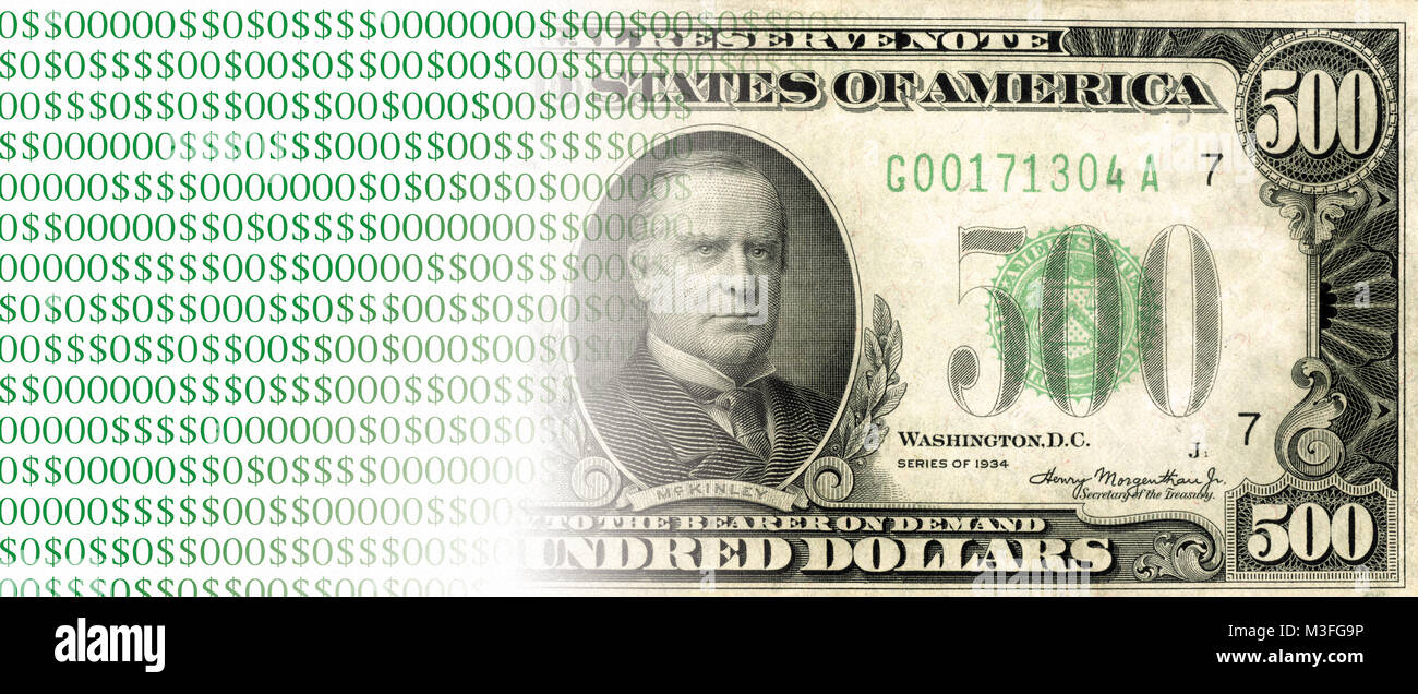 Digital Currencies Concept image of USA $500 bill fading into digital code using the dollar symbol in place of zeros and ones - Old vs New money Stock Photo
