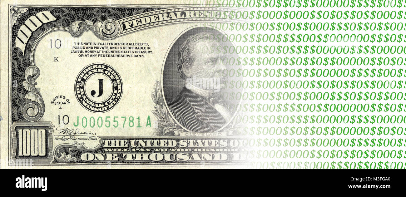 Digital Currencies Concept image of USA $1000 bill fading into digital code using the dollar symbol in place of zeros and ones - Old vs New money Stock Photo