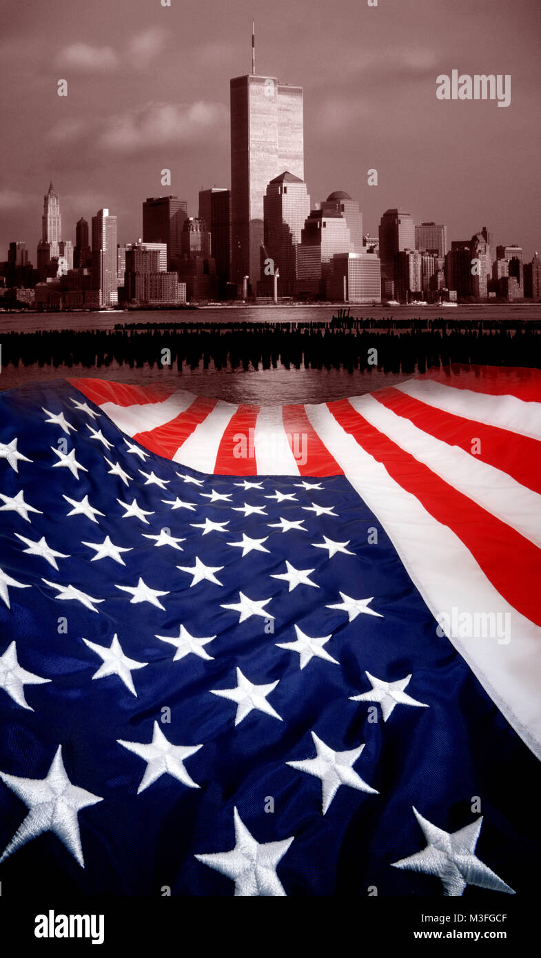 World Trade Centers prior to the 9/11 attack.  Vertical color photographic composition of the Twin Towers with an American flag at the bottom Stock Photo