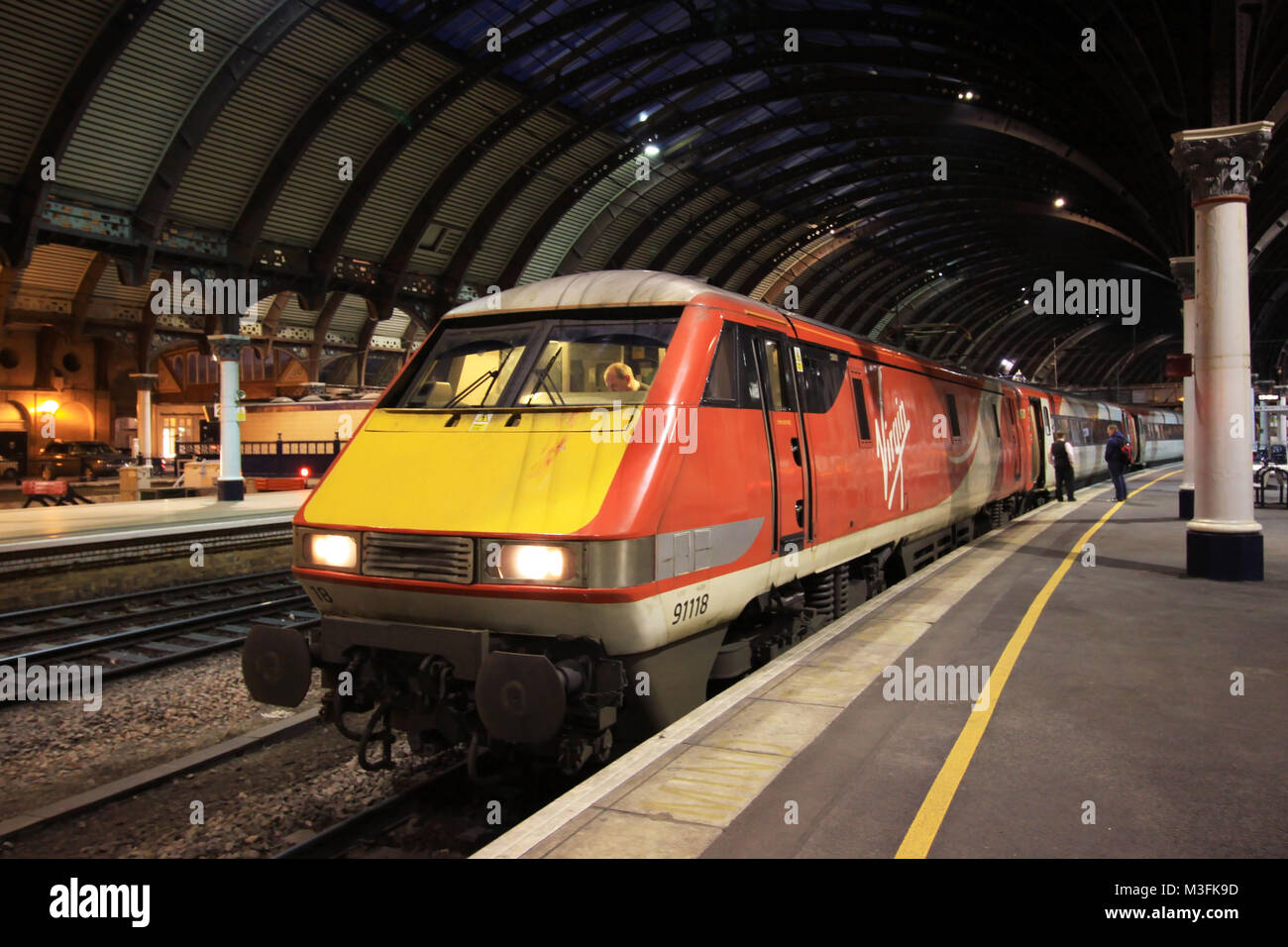 Virgin Trains British Rail Class 91 91118 Electric train locomotive at York Railway Station England Stock Photo