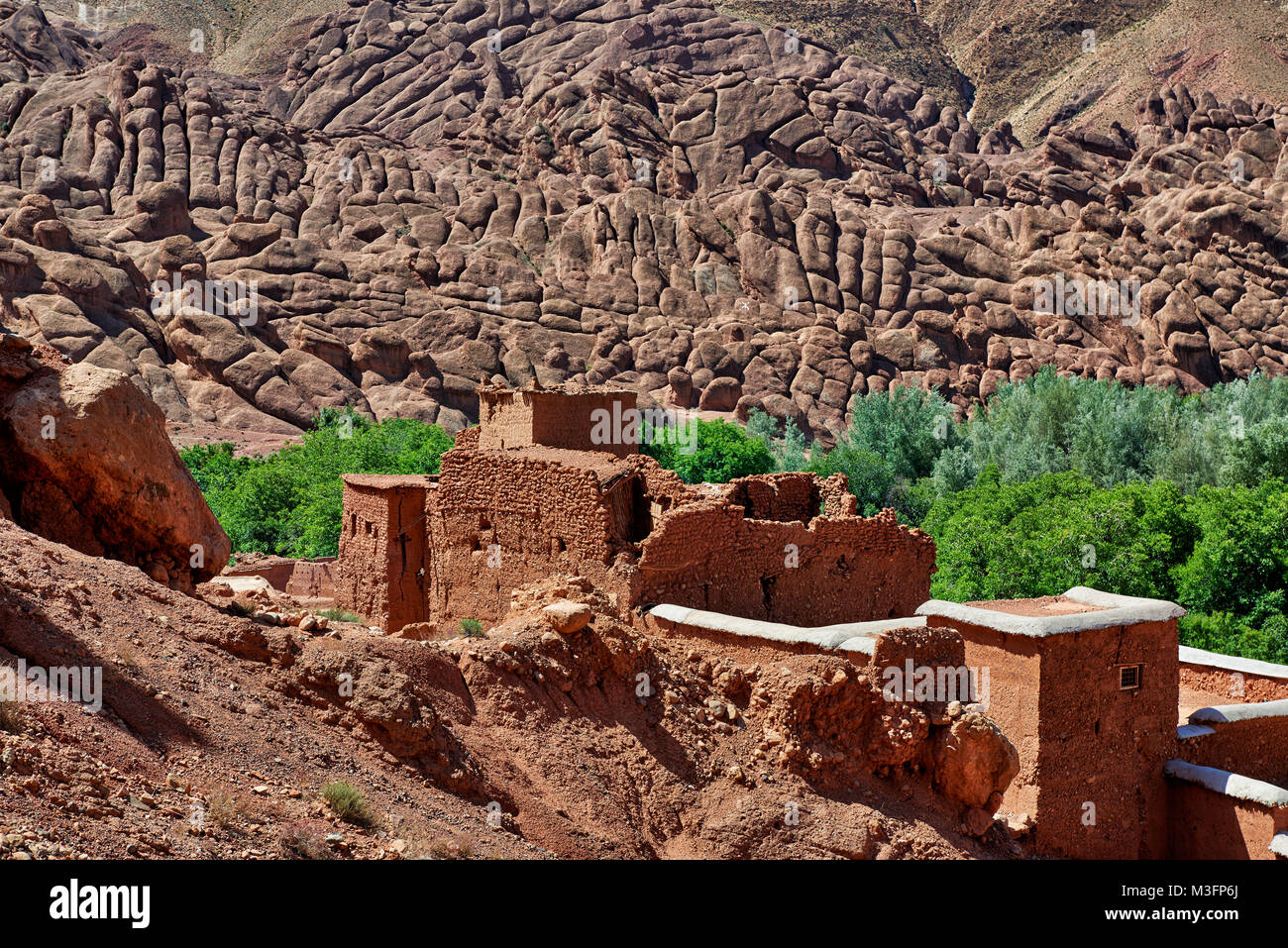 spectacular rock landscape with casbah in Ait Ouglif, Morocco, Africa Stock Photo