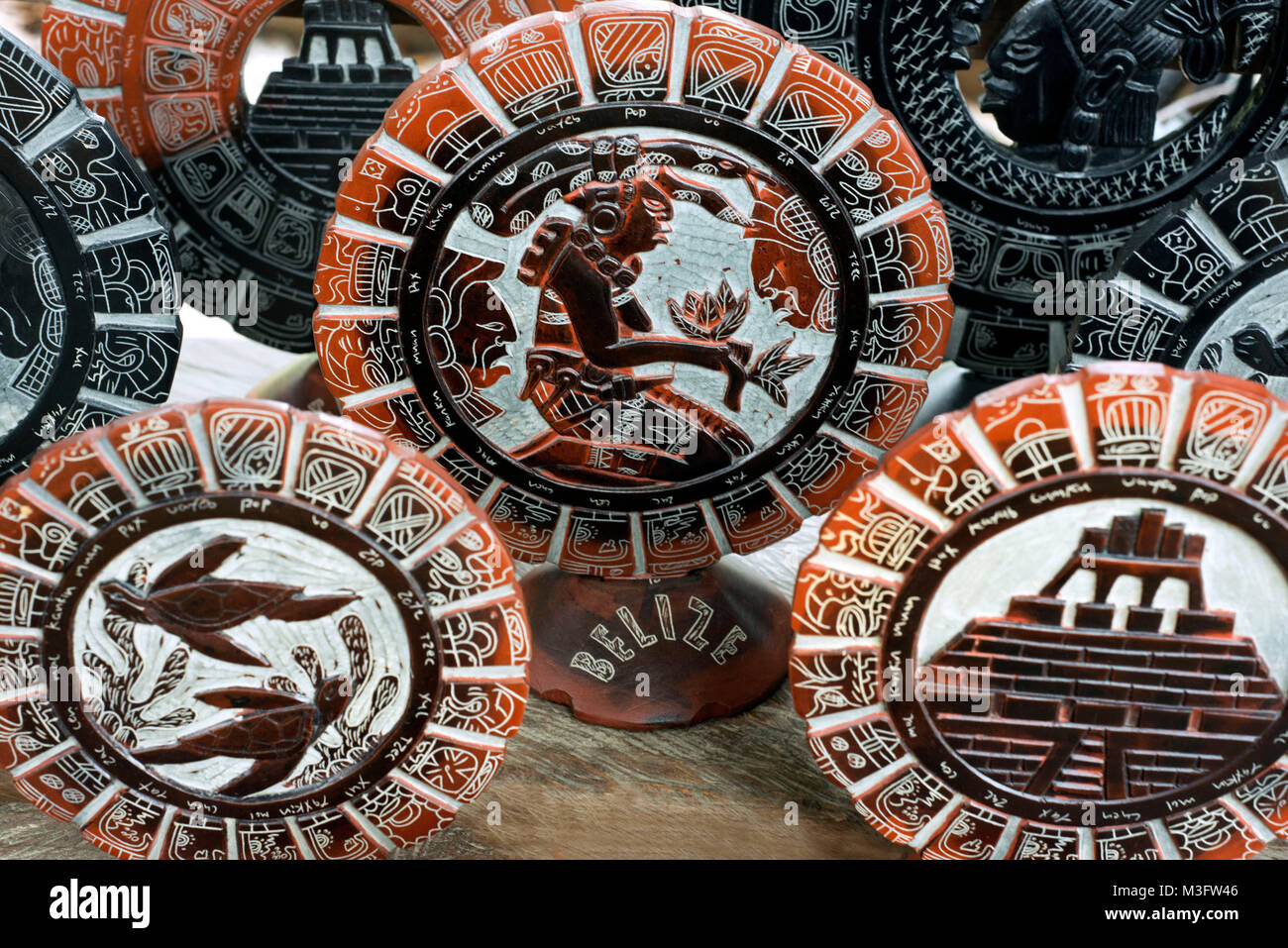 Mayan calendar, Local handicraft shops by the ferry to Xunantunich, San Jose Succotz, San Ignacio, Cayo, west Belize, Central America Stock Photo