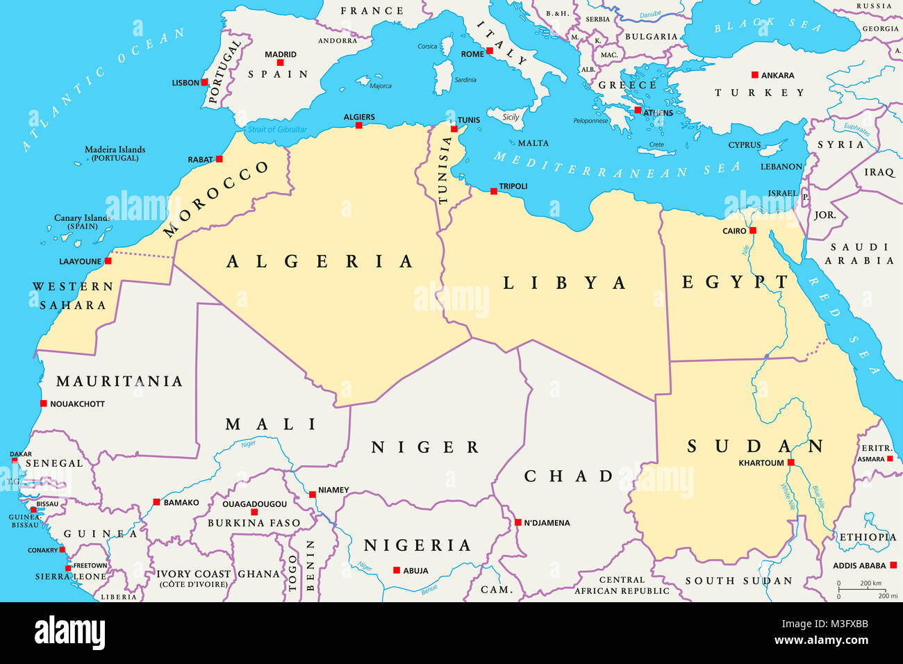 North Africa region, political map. Yellow colored area, with capitals and borders. Collective term for a group of Mediterranean countries. Stock Photo