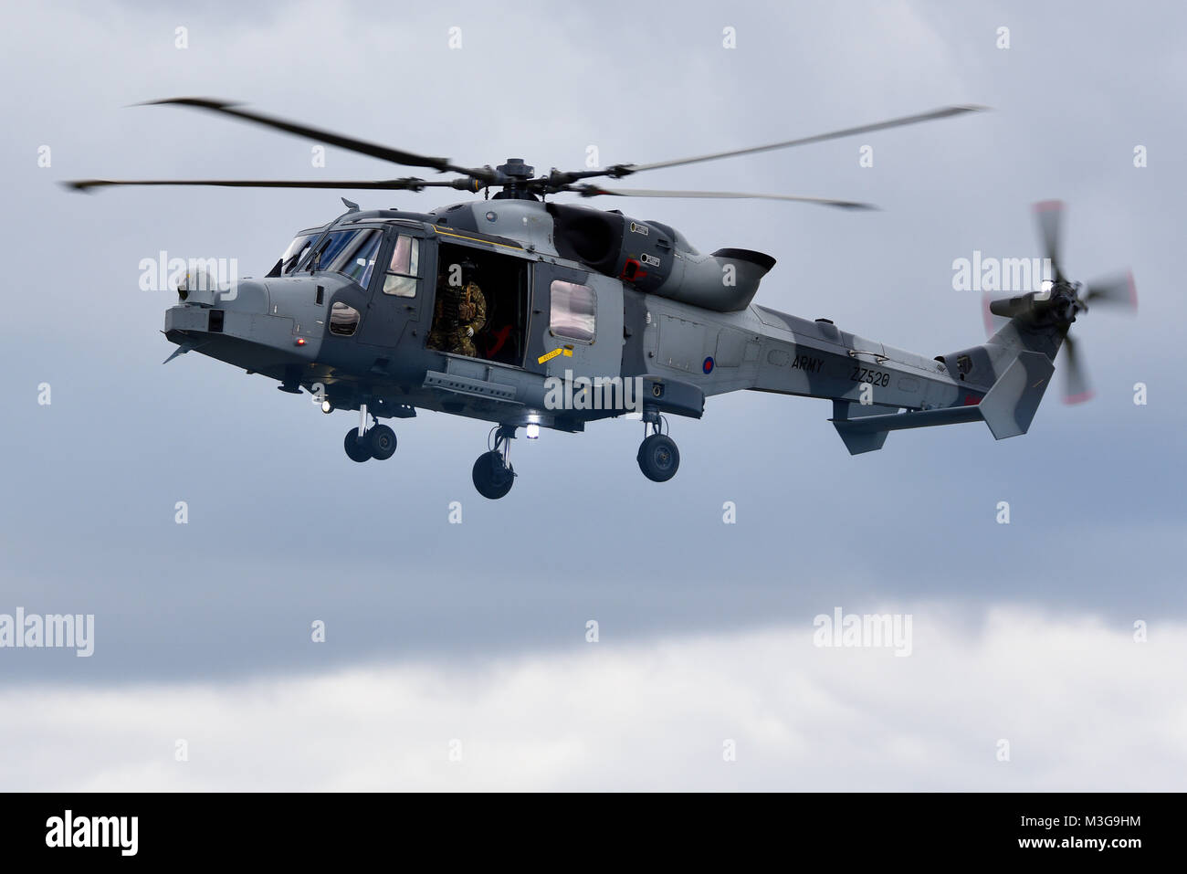 British Army Air Corps Westland Wildcat helicopter. AgustaWestland AW159 Wildcat ZZ520. Design based on Lynx Stock Photo