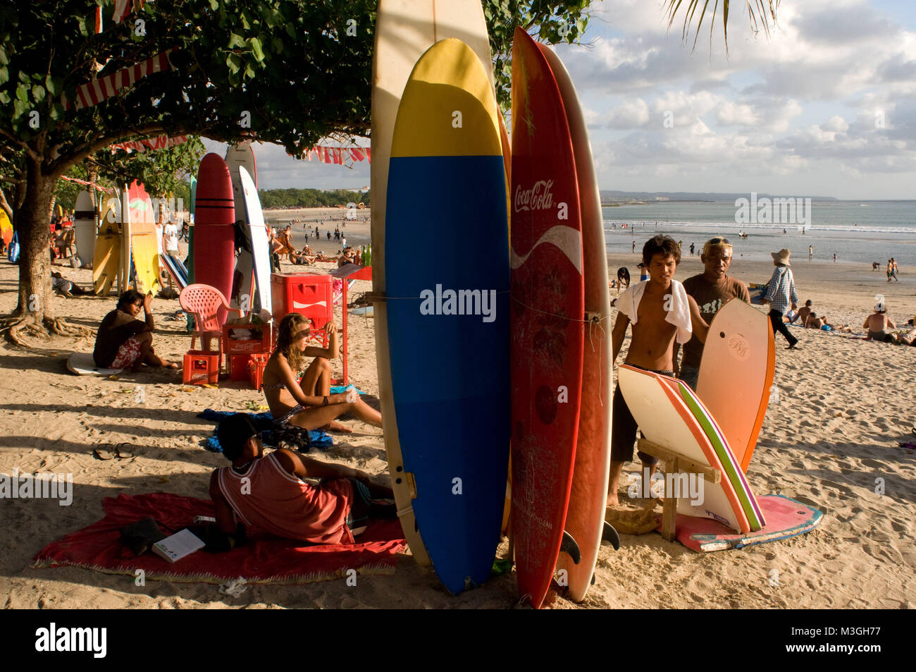 Offerings from the surfers on the beach of Kuta. Surfing lessons. Bali
