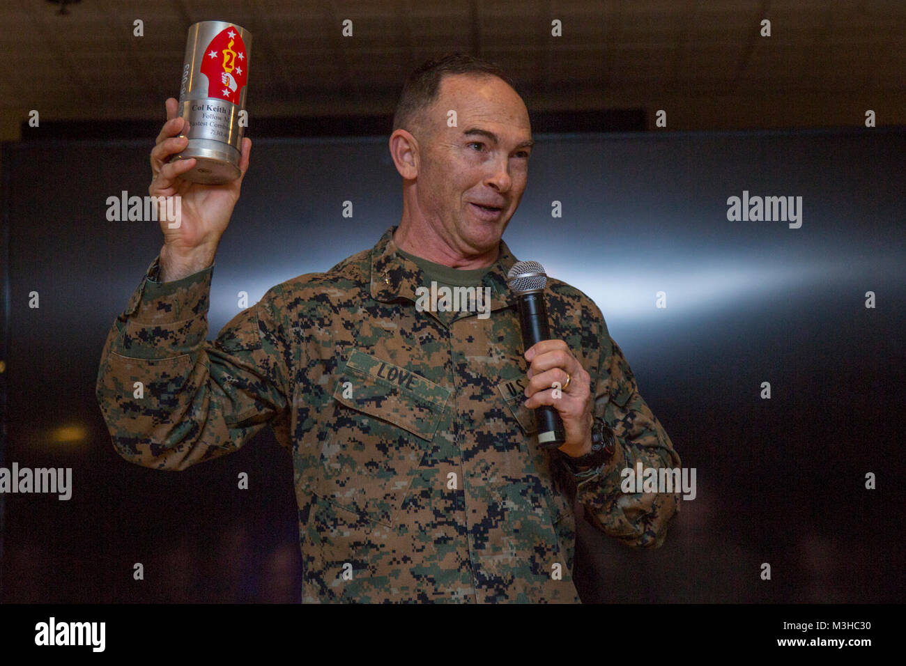 U.S. Marine Corps Maj. Gen. John K. Love, commanding general, 2nd Marine Division (2d MARDIV), gives his remarks during an award ceremony on Camp Lejeune, N.C., Feb. 2, 2018. Col. Keith A. Parrella was awarded for being the first to complete the 2d MARDIV 50-mile challenge hike, with a time of 7 hours and 30 minutes. (U.S. Marine Corps Stock Photo