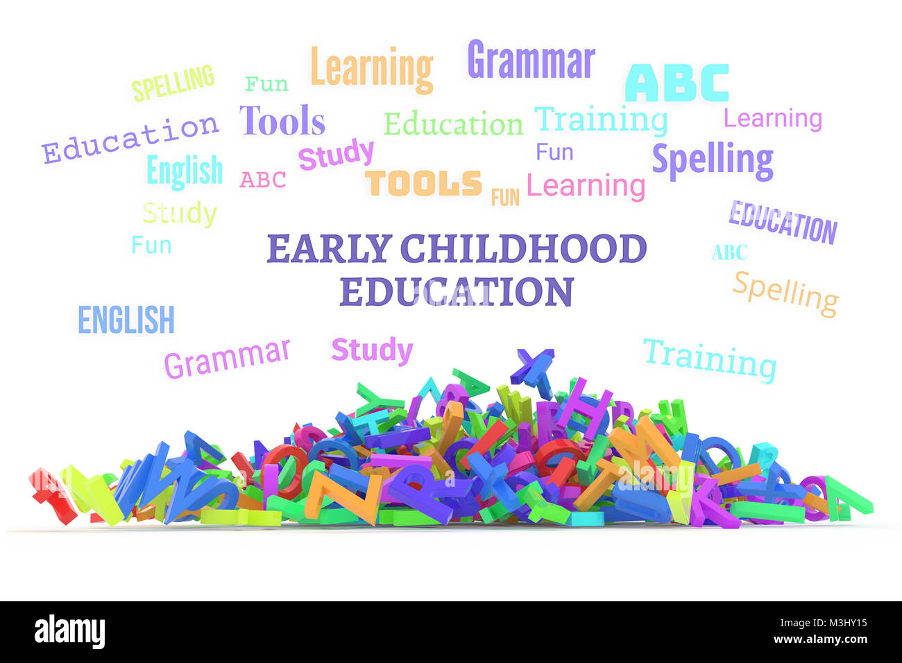 Early childhood education conceptual word cloud with stack of colorful alphabets letters from A to Z, isolated on white background, 3D rendered image Stock Photo