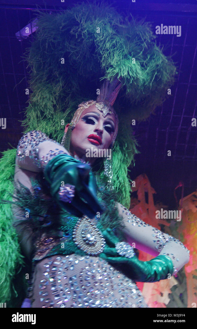 Palma, Balearic Islands, Spain. 11th Feb, 2018. A drag queen dances during the carnival gay disguise party contest in LaDemence disco in Mallorca. Spain is one of the favorite territories of the international LGBT community, gay tourism has been increasing year after year, today represents 25% of international travel. It's a good time for gay friendly business in Spain, the second country with the largest LGBT population in Europe. Mallorca, Spain. Credit: Clara Margais/ZUMA Wire/Alamy Live News Stock Photo