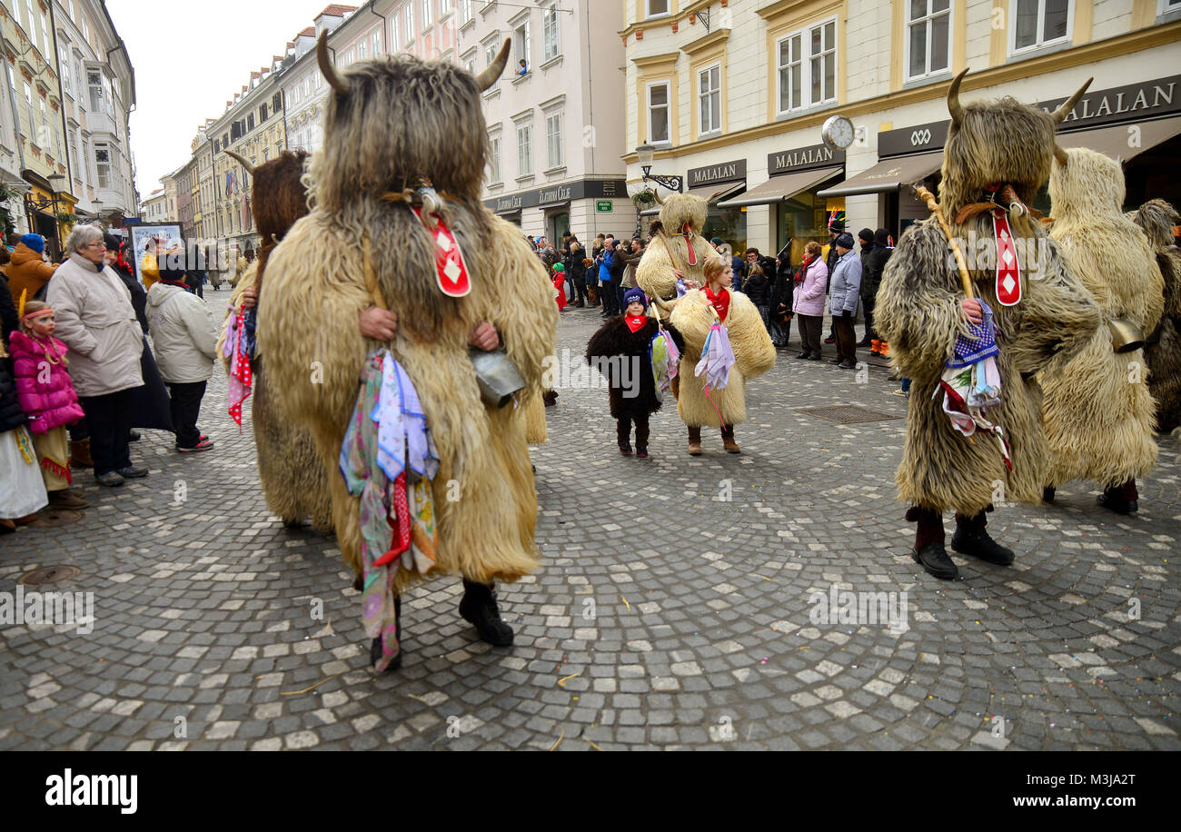 Ljubljana, Slovenia. 10th February 2018. Traditional dragon carnival, held in Ljubljana with many typical slovene carnival masks which are in many ways unique and reflect the former local features of the village environment.  Credit: Matic Štojs/Alamy Live News Stock Photo