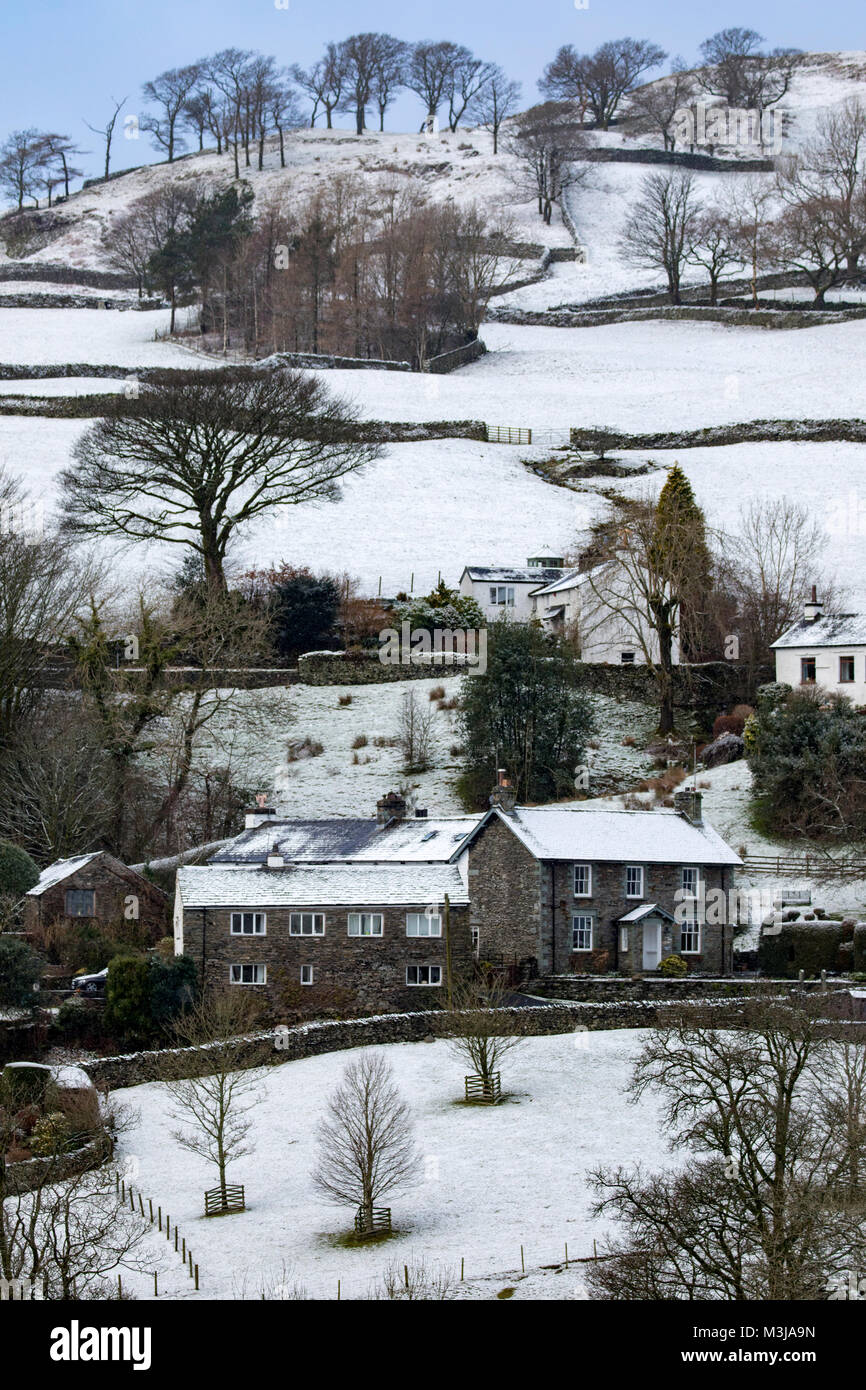 The village of Troutbeck snow covered after overnight snow in the English Lake District, Cumbria, UK Stock Photo