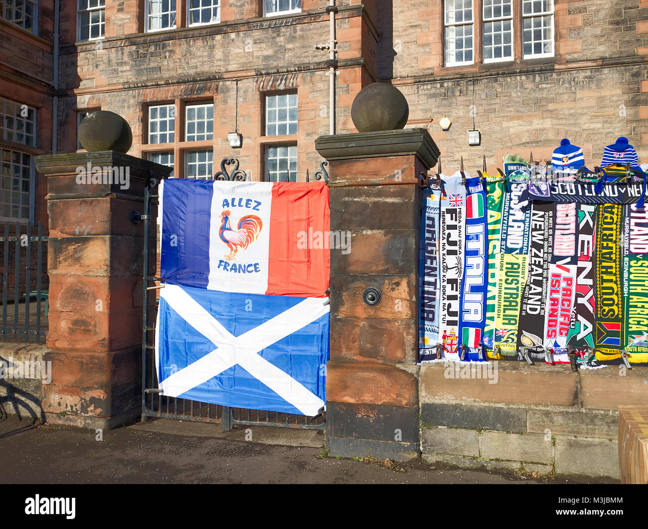 Edinburgh, Scotland, UK. 11th February, 2018. RBS 6 Nations - Scotland, France, Edinburgh, Scotland UK. Scarves, hats and flags being sold ahead of the Scotland-France Test Match (11th February 2018). Credit: Thomas Feige/Alamy Live News Stock Photo