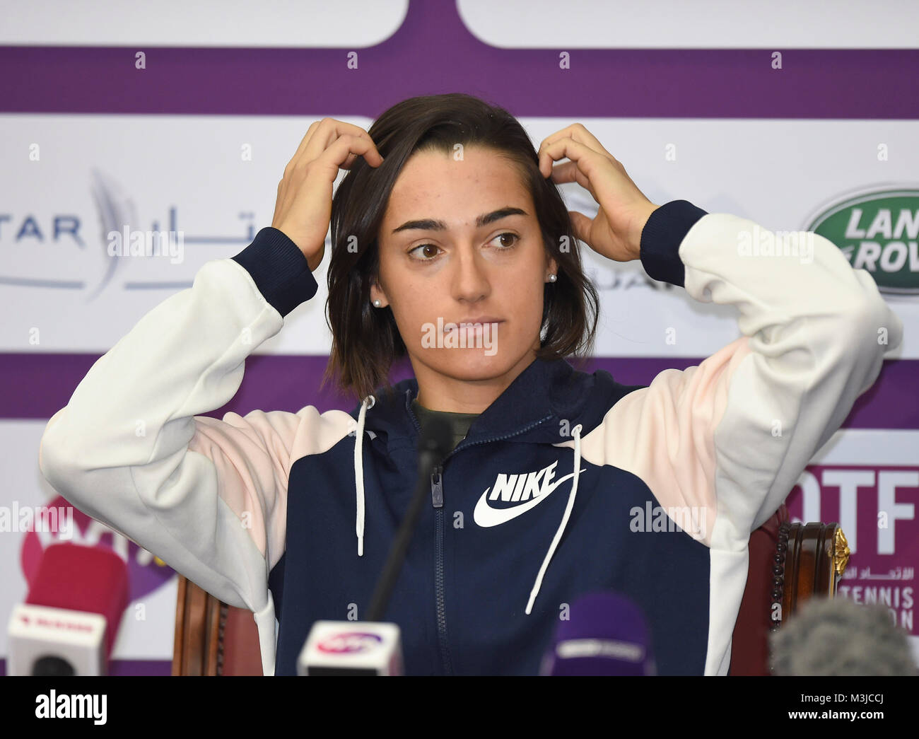 Doha, Qatar. 11th Feb, 2018. Caroline Garcia of France attends a press conference ahead of the 2018 WTA Qatar Open in Doha, Qatar, on Feb. 11, 2018. Credit: Nikku/Xinhua/Alamy Live News Stock Photo