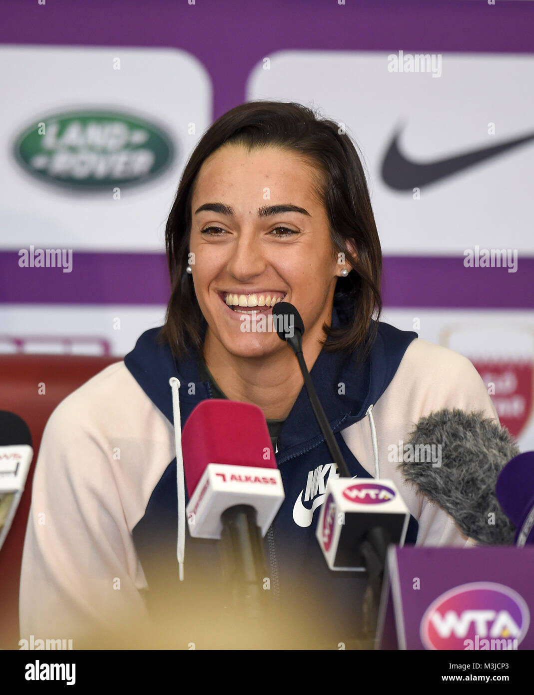 Doha, Qatar. 11th Feb, 2018. Caroline Garcia of France attends a press conference ahead of the 2018 WTA Qatar Open in Doha, Qatar, on Feb. 11, 2018. Credit: Nikku/Xinhua/Alamy Live News Stock Photo