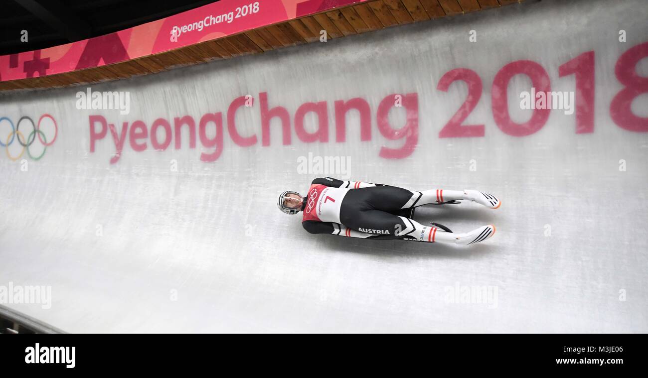 Gangneung, South Korea. 11th February, 2018. Reinhard Egger (AUT). Mens luge. Pyeongchang2018 winter Olympics. Alpensia sliding centre. Alpensia. Gangneung. Republic of Korea. 11/02/2018. Credit: Sport In Pictures/Alamy Live News Stock Photo