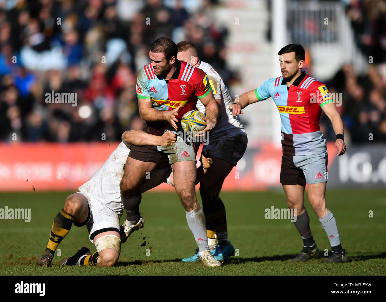 Twickenham, UK. 11th February, 2018. amie Roberts of Harlequins is tackled during Aviva Premiership match between Harlequins and Wasps at Twickenham Stoop on Sunday, 11 February 2018. LONDON ENGLAND. Credit: Taka Wu/Alamy Live News Stock Photo