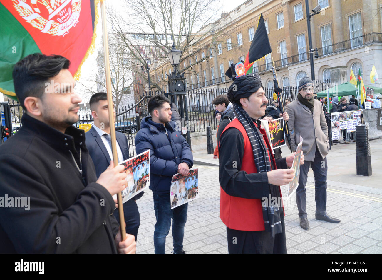London, UK. 11th February, 2018.  Peaceful Protest in solidarity with the Pashtun sit-in in Islamabad where thousands of Pashtuns are sitting despite the extreme weather to demand:  1. An end to ethnic genocide of Pashtuns by Pakistani establishment of elite Punjabis.  2. An end to state sponsor of terrorists groups inside tribal belt and Afghanistan.   3. Judicial inquiry into the death of Naqeebullah Mehsud and all those murdered in fake encounters by police extra judicially.   Credit: Philip Robins/Alamy Live News Stock Photo