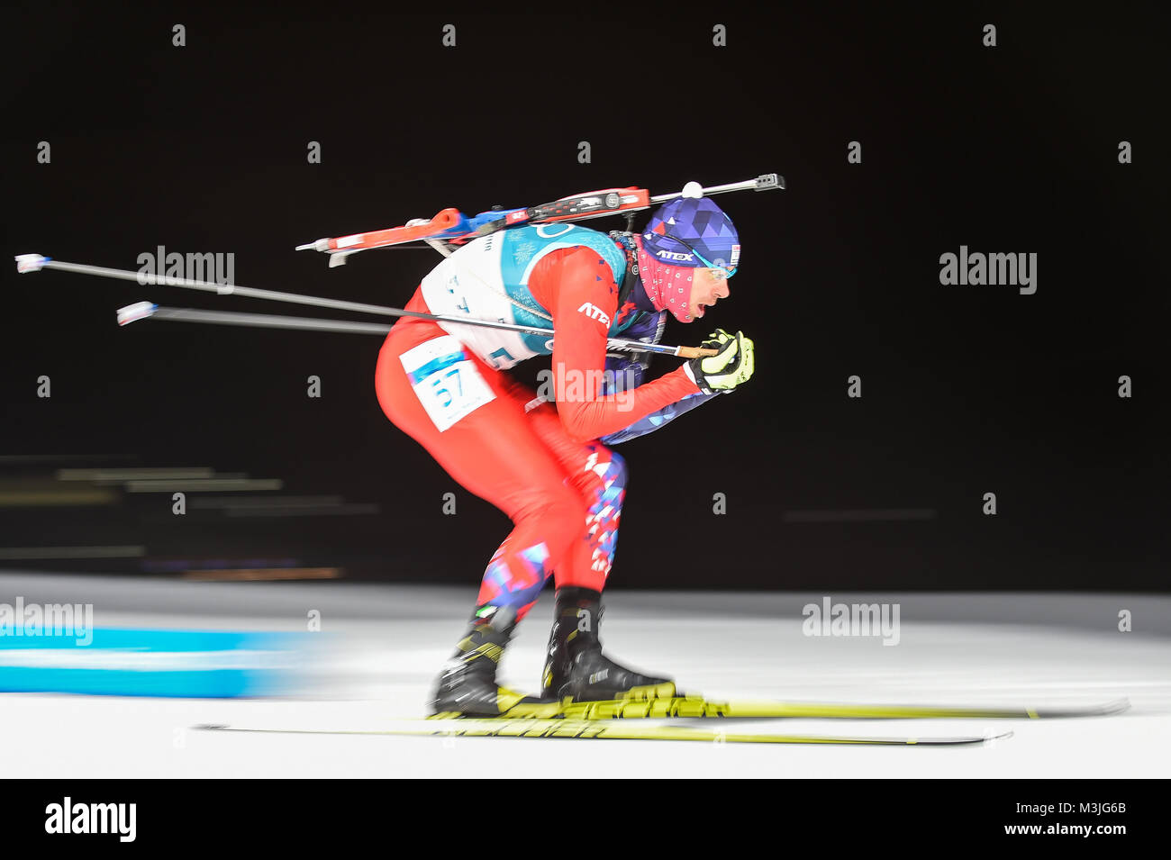 February 11, 2018: Matej Kazar ofÂ Slovakia at Mens 10 kilometre sprint Biathlon at olympics at Alpensia biathlon stadium, Pyeongchang, South Korea. Ulrik PedersenCSM Stock Photo