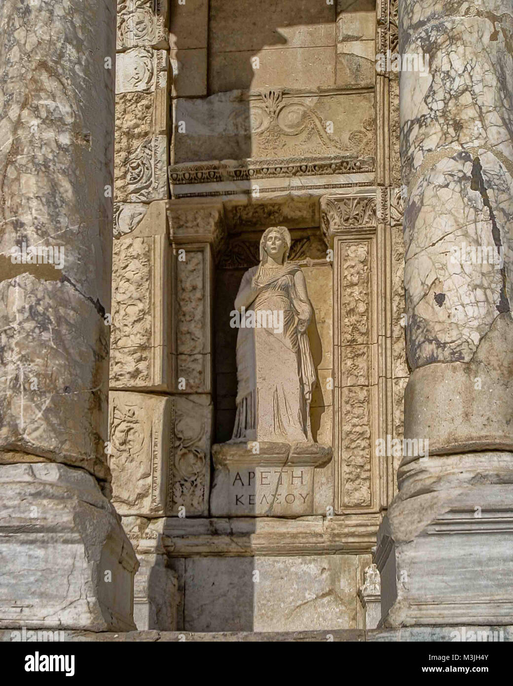 Ephesus, Izmir, Turkey. 1st Oct, 2004. Apeth, a statue representing virtue, in an alcove in the wall of the famed Library of Celsus, the tomb for the Roman governor of the province of Asia. Built in 117 A.D. it is one of the most beautiful and most photographed structures in Ephesus. An ancient Greek city on the Ionian coast, dating to the 10th century BC, Ephesus was a religious, cultural and commercial center noted for its temples and architecture. Its ruins are now a favorite international tourist attraction and a UNESCO World Heritage Site. Credit: Arnold Drapkin/ZUMA Wire/Alamy Live News Stock Photo
