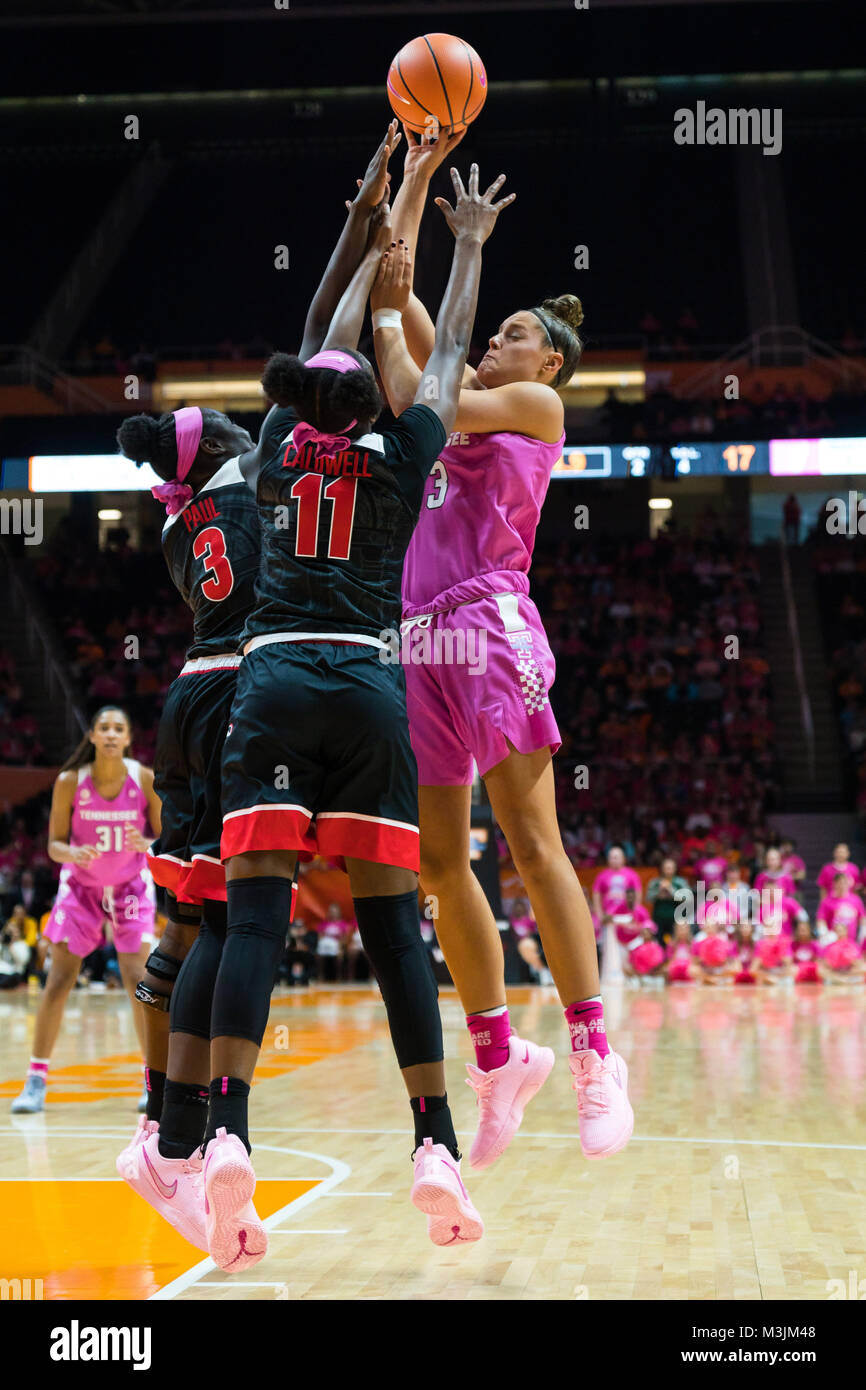 February 11, 2018: Kortney Dunbar #13 of the Tennessee Lady Volunteers tries to shoot the ball over Maya Caldwell #11 and Stephanie Paul #3 of the Georgia Bulldogs during the NCAA basketball game between the University of Tennessee Lady Volunteers and the University of Georgia Bulldogs at Thompson Boling Arena in Knoxville TN Tim Gangloff/CSM Stock Photo