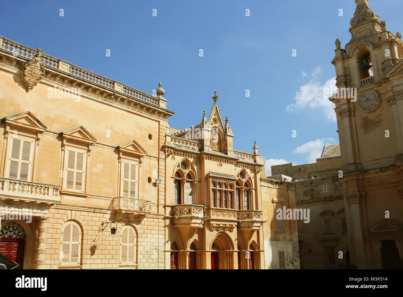 House facade at St. Pauls's Square and St. Paul's Cathedral in Mdina, Malta Stock Photo