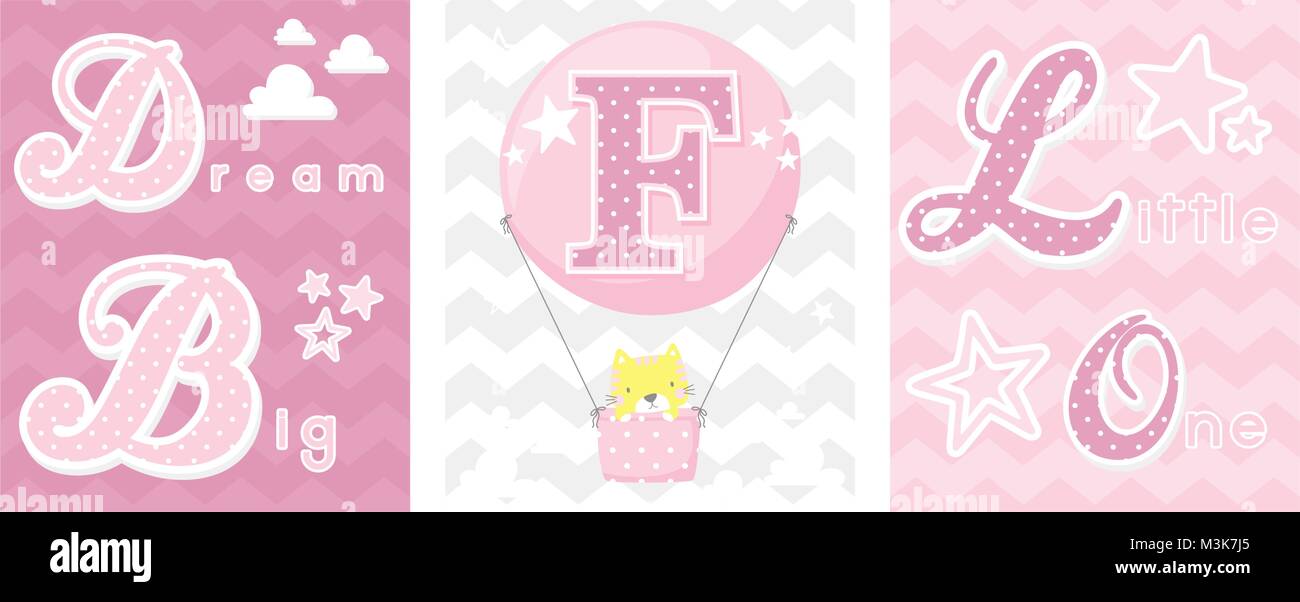 posters set of dream big little one slogan with baby cat and balloon with initial f. can be used for nursery art decor, newborn baby decoration and ba Stock Vector