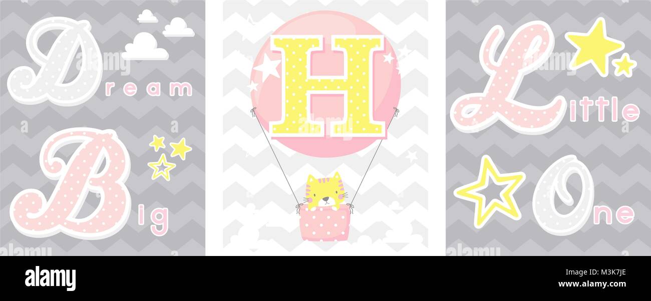 posters set of dream big little one slogan with baby cat and balloon with initial h. can be used for nursery art decor, newborn baby decoration and ba Stock Vector