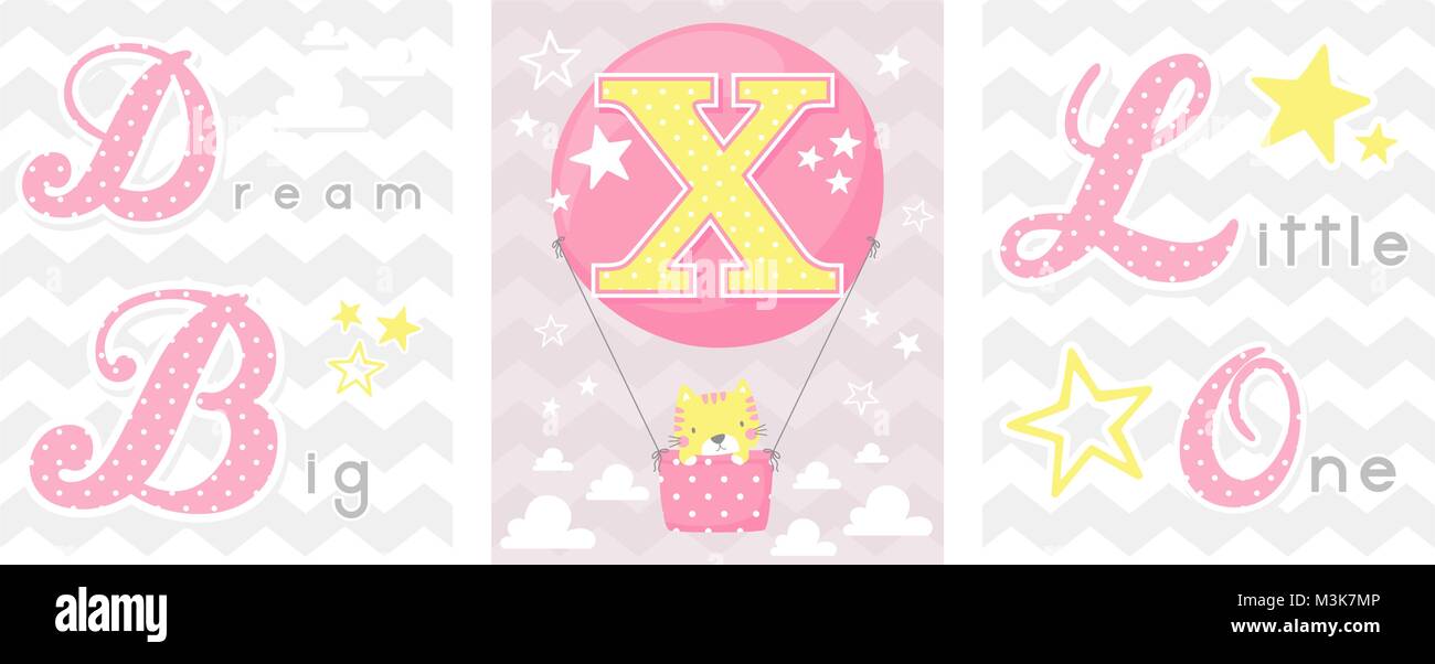 posters set of dream big little one slogan with baby cat and balloon with initial x. can be used for nursery art decor, newborn baby decoration and ba Stock Vector
