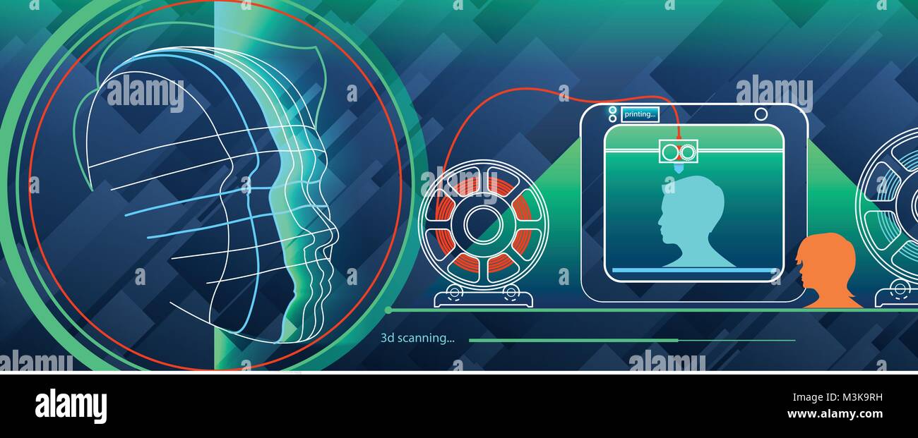 3d scanning 3d printing man head or face. Vector illustration Stock