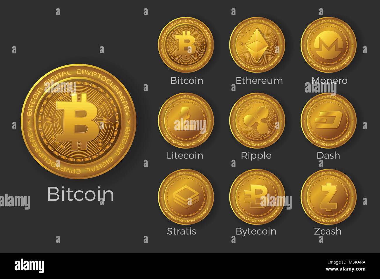 Golden cryptocurrency coin icons set include Bitcoin, Ethereum, Monero, Litecoin, Ripple, Dash, Stratis, Bytecoin, Zcash. Stock Vector