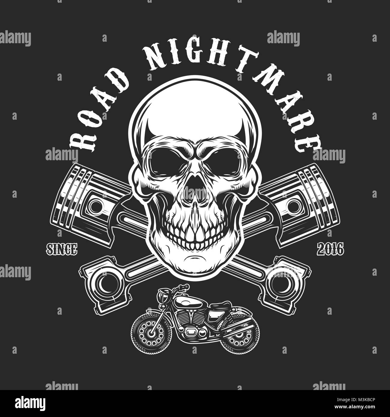 Road nightmare. Human skull with crossed pistons. Design element for logo, label, emblem, sign, t shirt print. Vector illustration Stock Vector