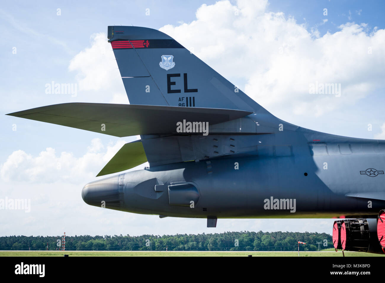 BERLIN, GERMANY - JUNE 03, 2016: Fragment of a four-engine supersonic variable-sweep wing, jet-powered heavy strategic bomber Rockwell B-1B Lancer. US Air Force. Exhibition ILA Berlin Air Show 2016 Stock Photo