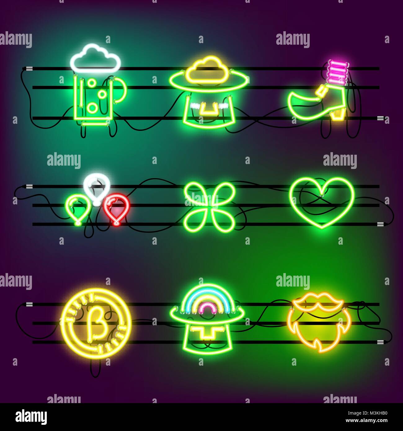 St Partricks Day icon set neon effect Stock Vector