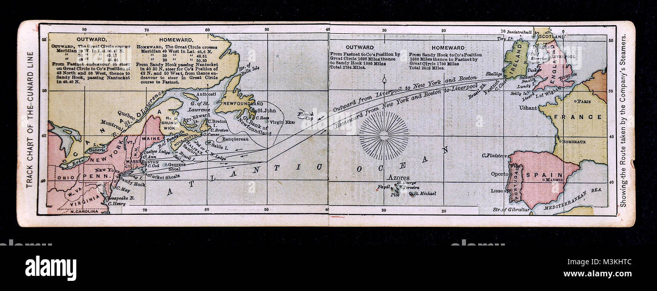 1882 Bradstreet Atlas Map - Track Chart of the Cunard Line - Transatlantic Shipping - Boston to Liverpool Stock Photo