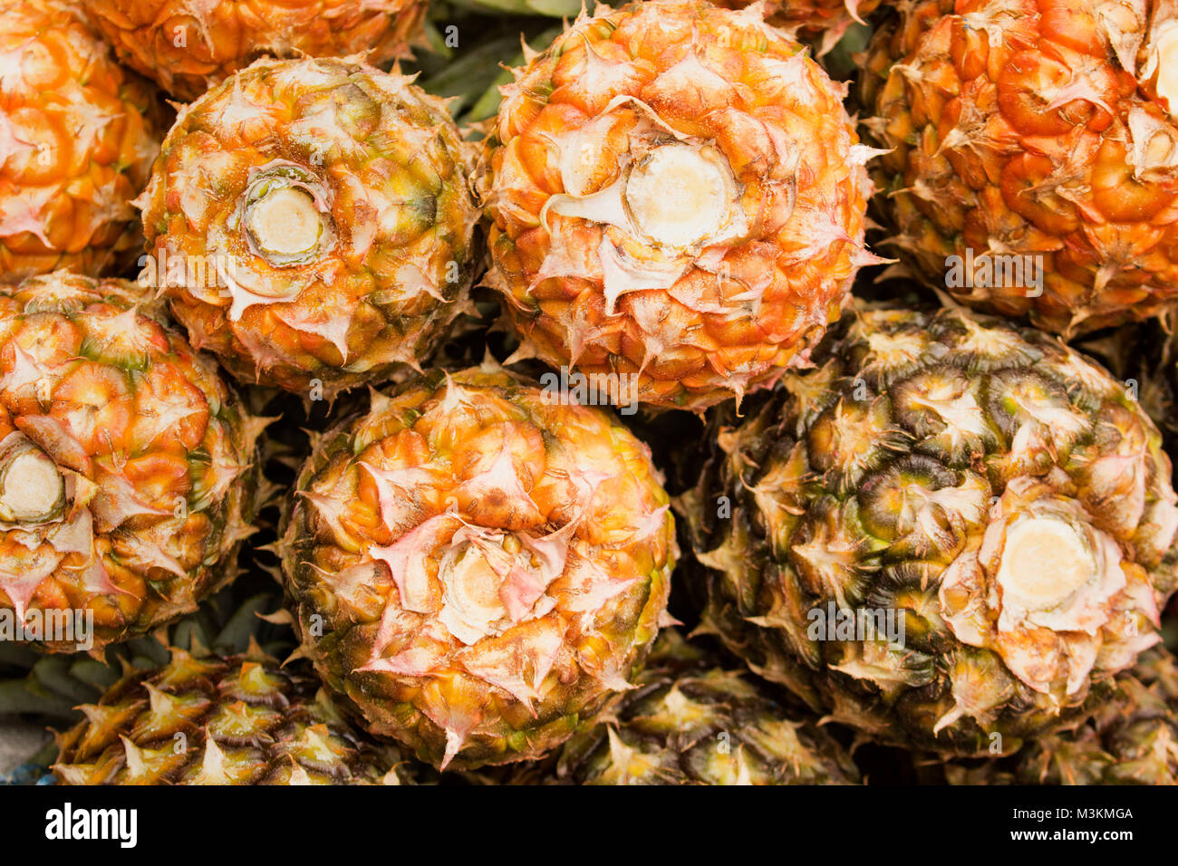 Pile of pineapples on a market stall in Brown's Town, Jamaica, West