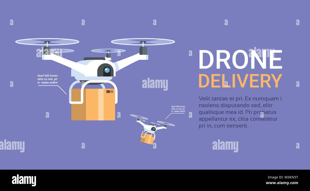 Drone Delivery Banner With Template Background Modern Copters With Boxes Fly Stock Vector