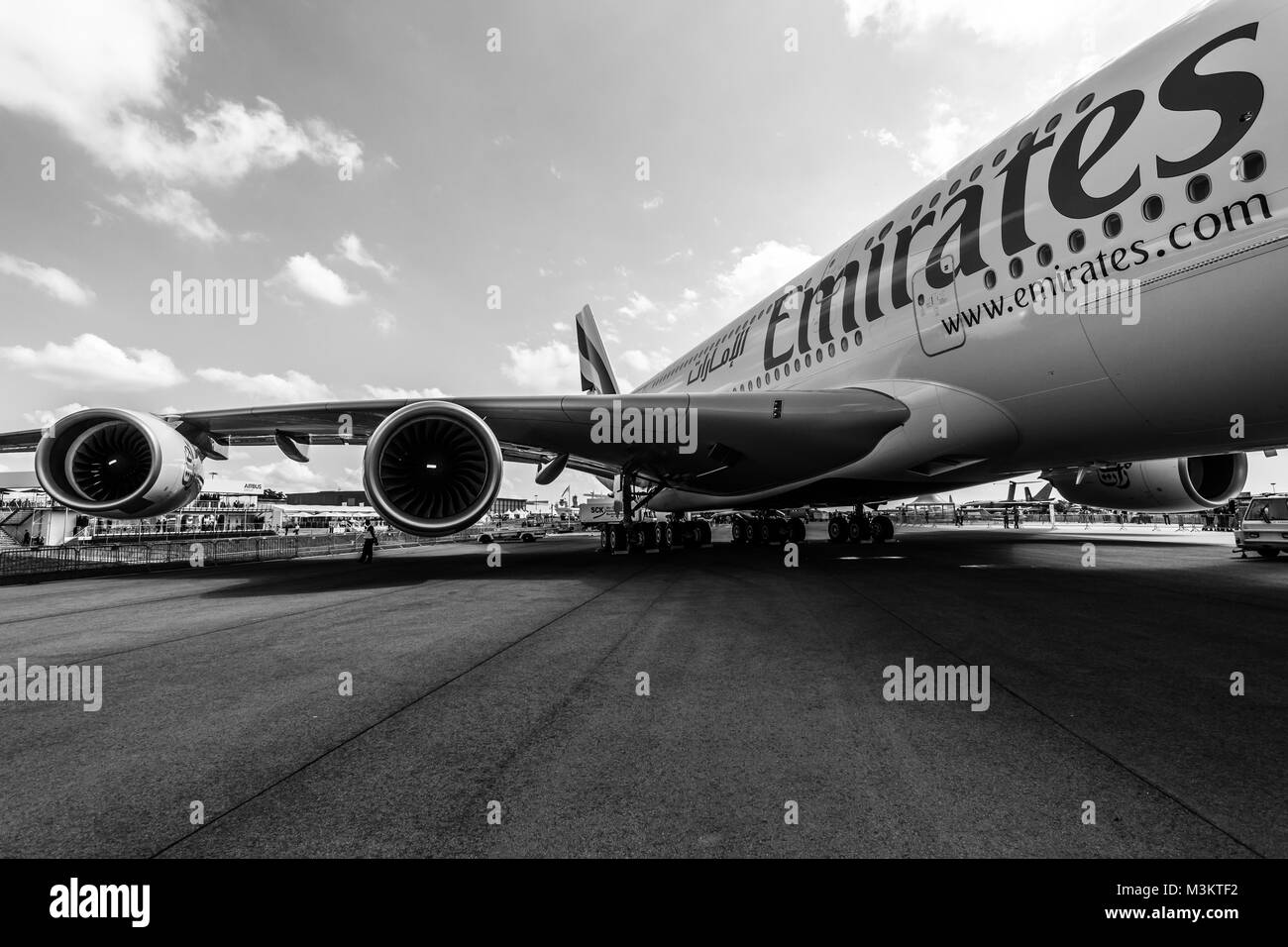 BERLIN, GERMANY - JUNE 02, 2016: Detail of the wing and a turbofan 'Engine Alliance GP7000' of the airliner - Airbus A380. Emirates Airline. Black and white. Exhibition ILA Berlin Air Show 2016 Stock Photo