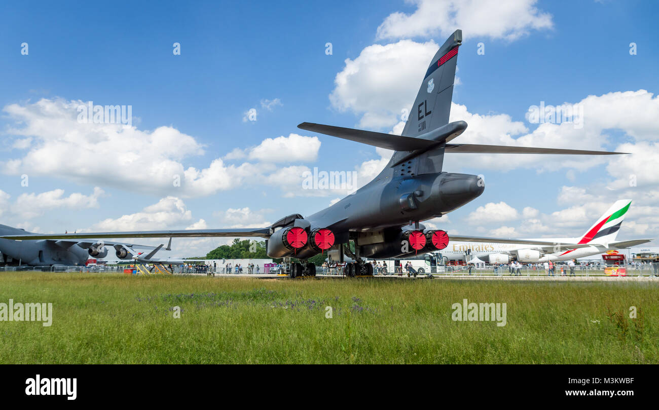 BERLIN, GERMANY - JUNE 02, 2016: A four-engine supersonic variable-sweep wing, jet-powered heavy strategic bomber Rockwell B-1B Lancer. US Air Force. Rear view. Exhibition ILA Berlin Air Show 2016 Stock Photo