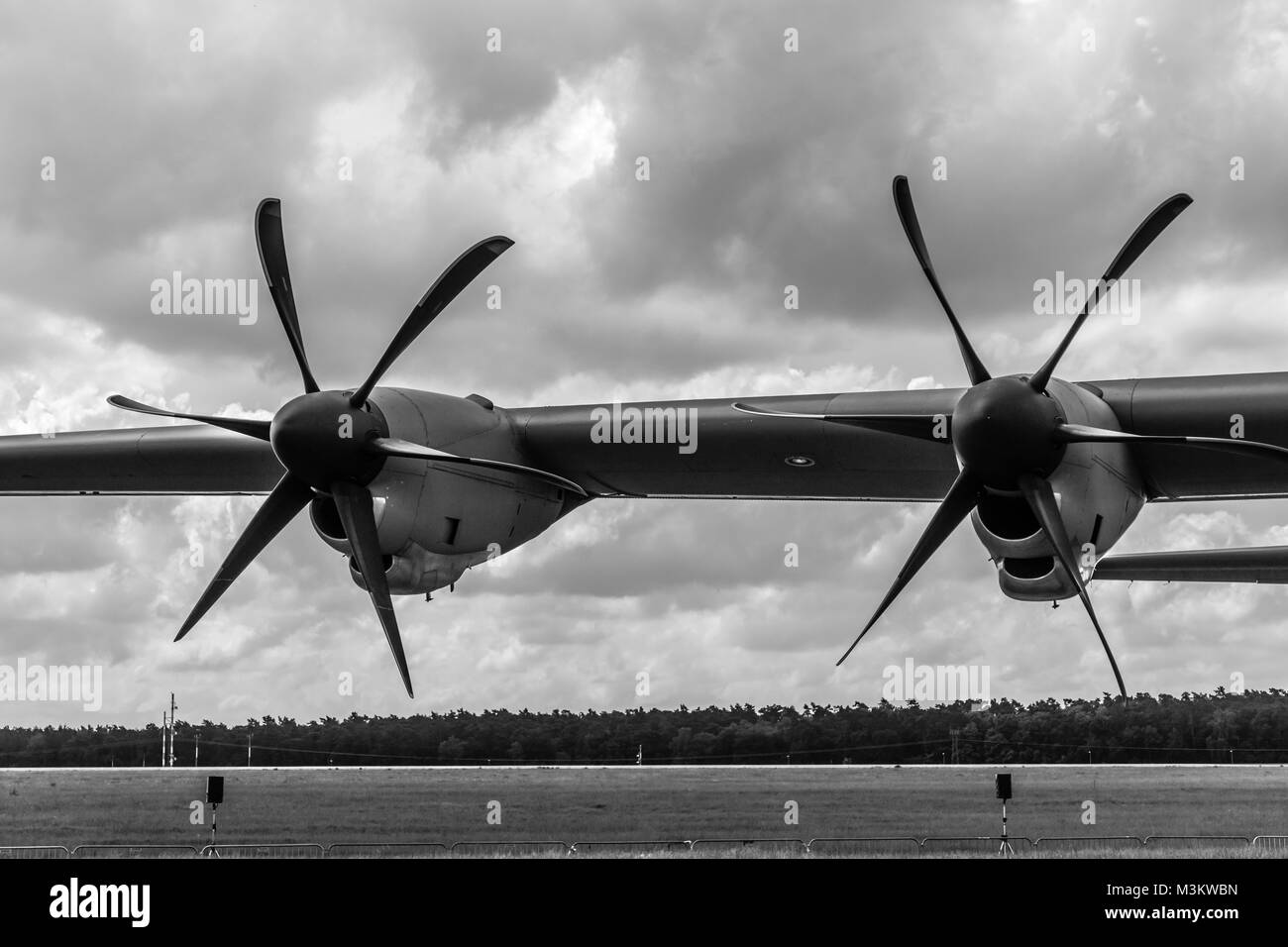 BERLIN, GERMANY - JUNE 02, 2016: Detail of the turboprop military transport aircraft Lockheed Martin C-130J Super Hercules. US Air Force. Black and white. Exhibition ILA Berlin Air Show 2016 Stock Photo