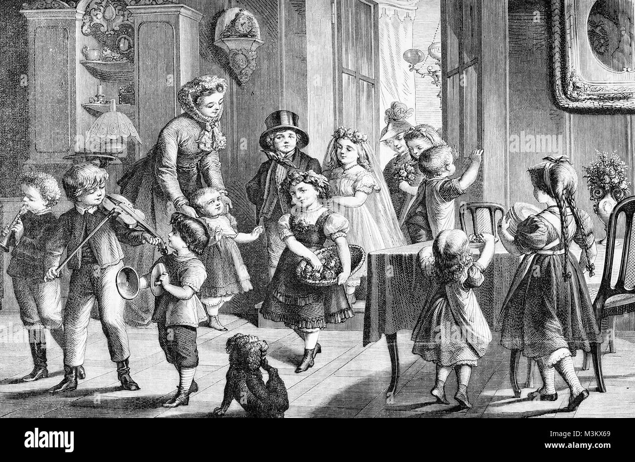 Marriage preparatives: festive and happy children at home, vintage engraving Stock Photo