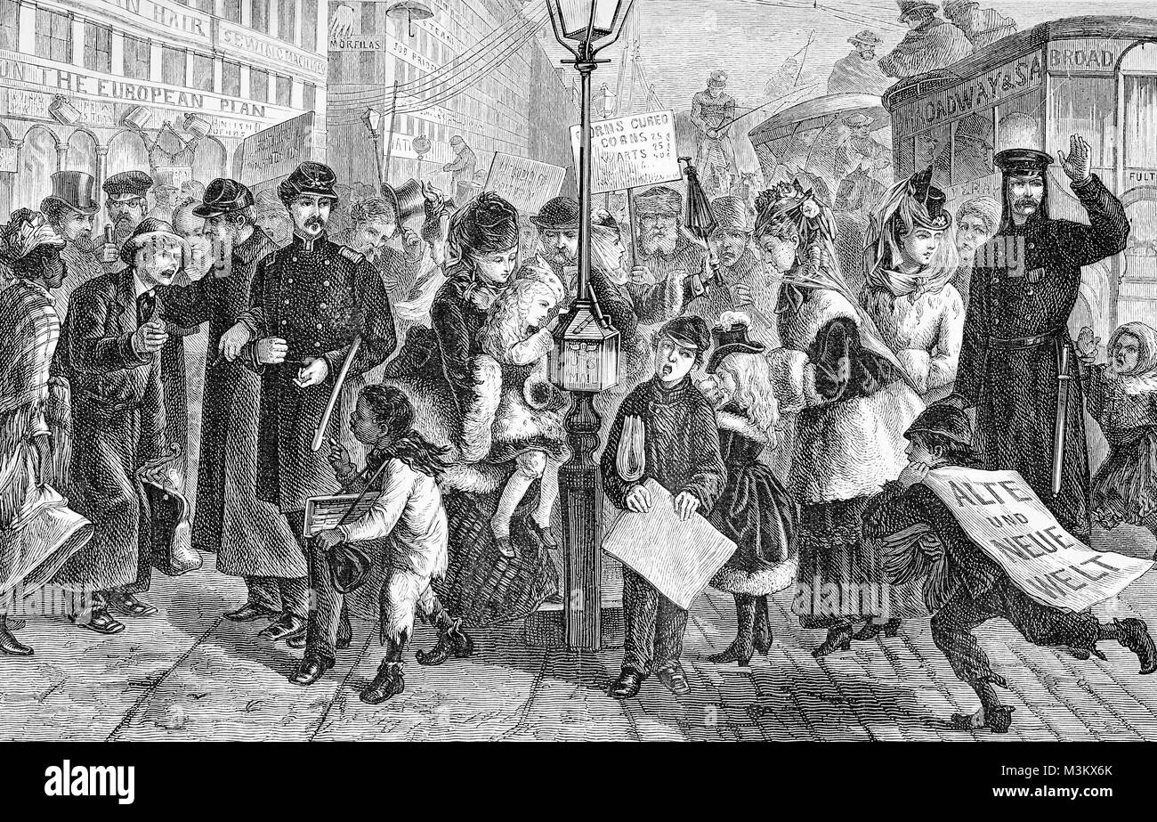 Street life in New York city, vintage engraving from 'Alte und neue Welt', 1870 ca. Stock Photo