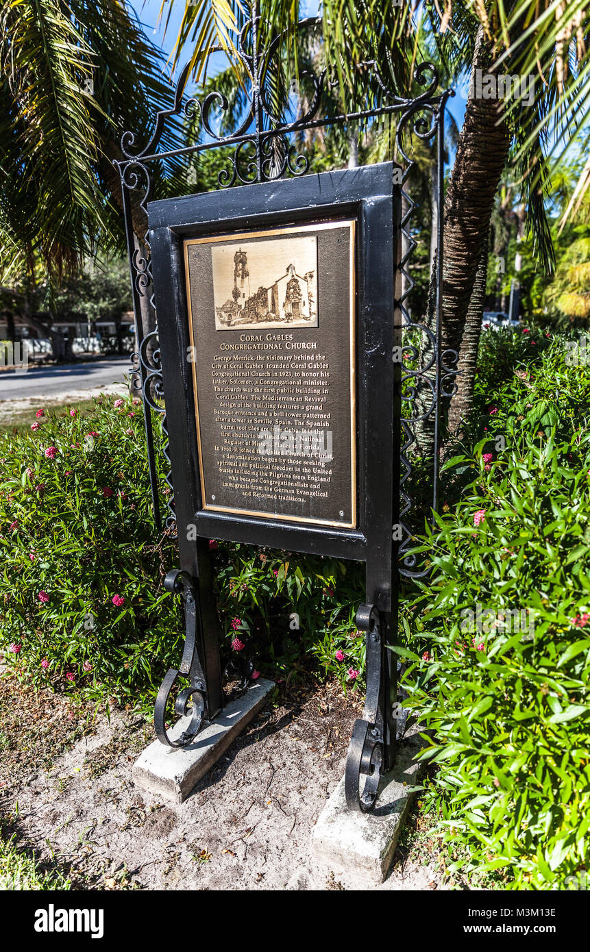Coral Gables Congregational Church sign, Miami-Dade County, Florida, USA. Stock Photo