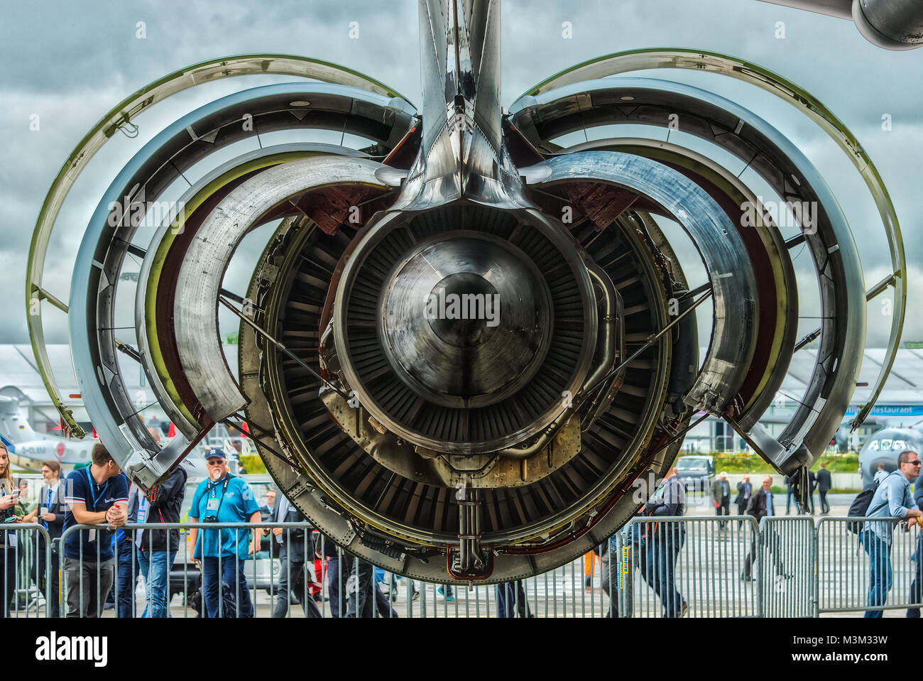 BERLIN, GERMANY - JUNE 03, 2016: Turbofan engine General Electric CF6-80C2 of medical aircraft Airbus A310-304 MRTT MedEvac 'August Euler' (Luftwaffe). Close-up. HDRi, Tone Mapping. Exhibition ILA Berlin Air Show 2016 Stock Photo