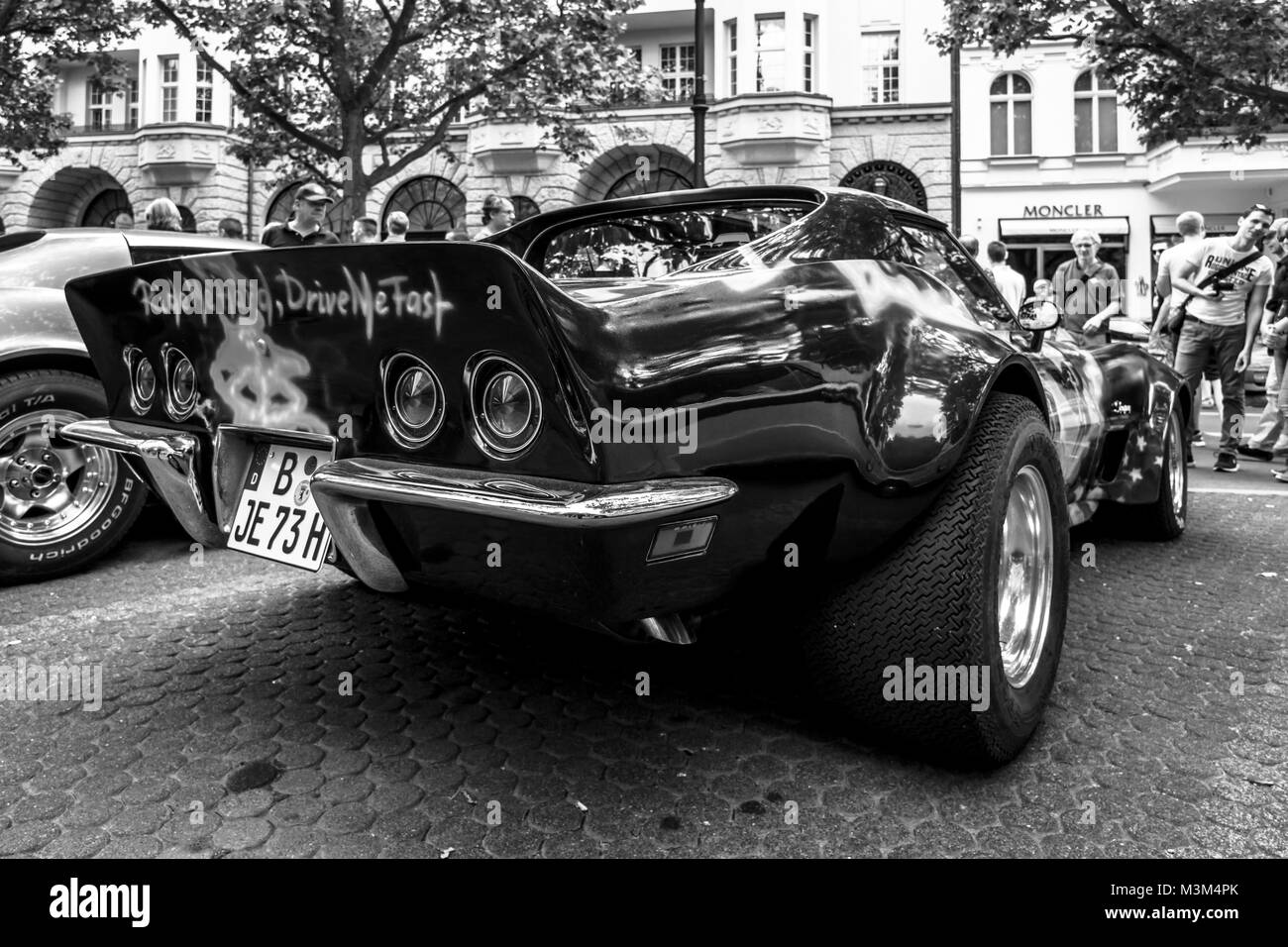 BERLIN - JUNE 05, 2016: Sports car Chevrolet Corvette Stingray Coupe 'Steppenwolf', 1973. Rear view. Black and white. Classic Days Berlin 2016. Stock Photo