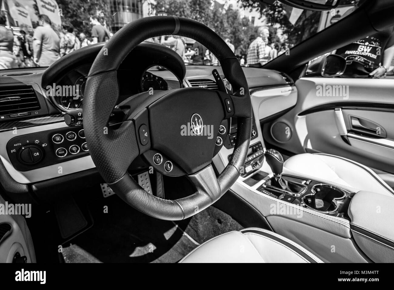 BERLIN - JUNE 05, 2016: Interior of grand tourer car Maserati GranCabrio MC, since 2012. Black and white. Classic Days Berlin 2016 Stock Photo