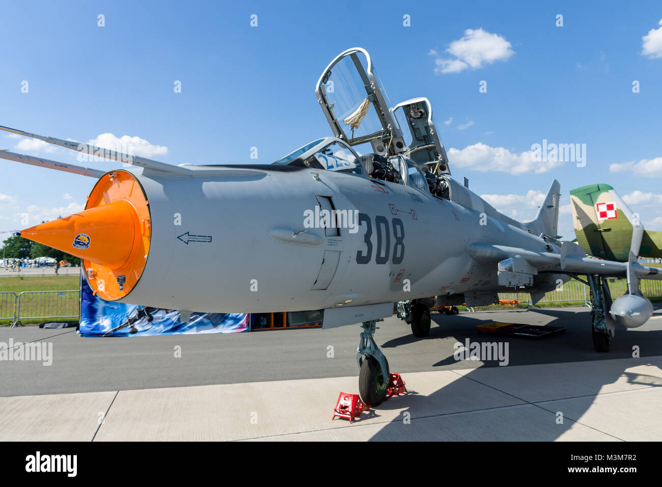 BERLIN, GERMANY - JUNE 03, 2016: Fighter-bomber Sukhoi Su-22UM3K. Polish Air Force. Exhibition ILA Berlin Air Show 2016 Stock Photo