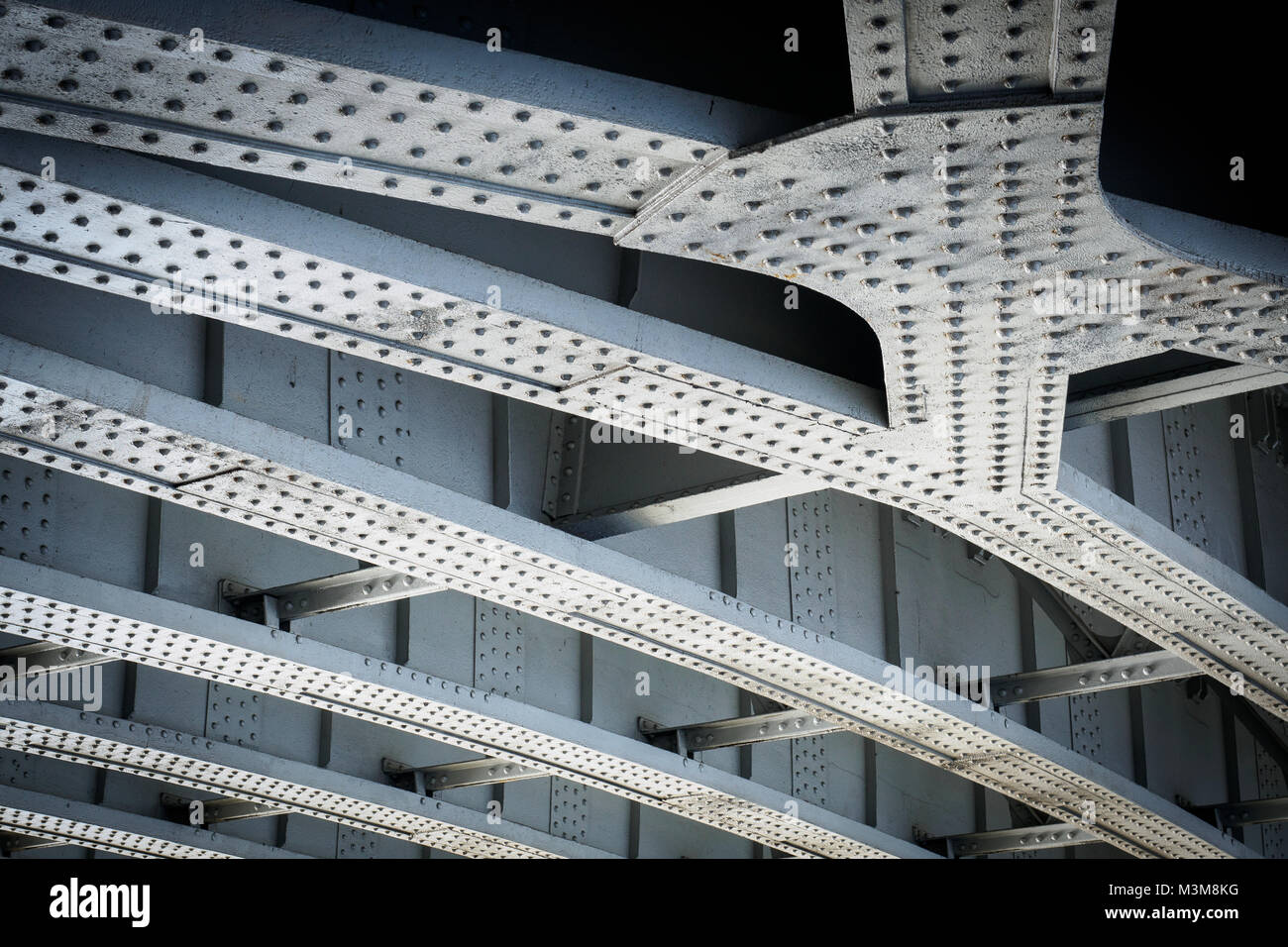 Steel beams on a railway bridge with steel plates and riveted connections. Landscape format. Stock Photo
